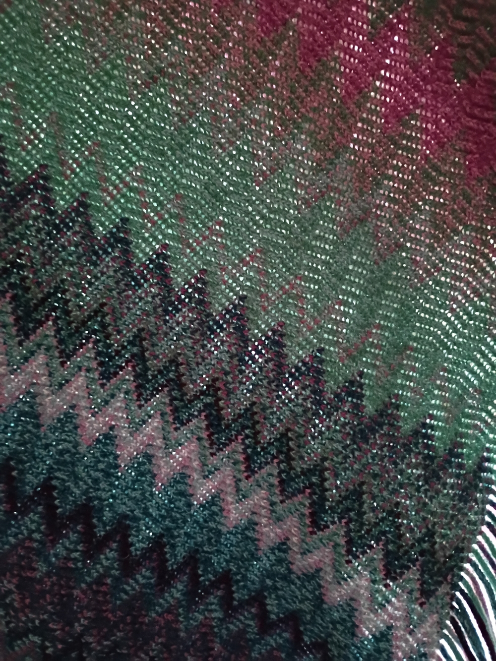 Handwoven Zigzag Fringe Poncho - Multicolor (Green, Pink, Black) - Picture 2 of 3